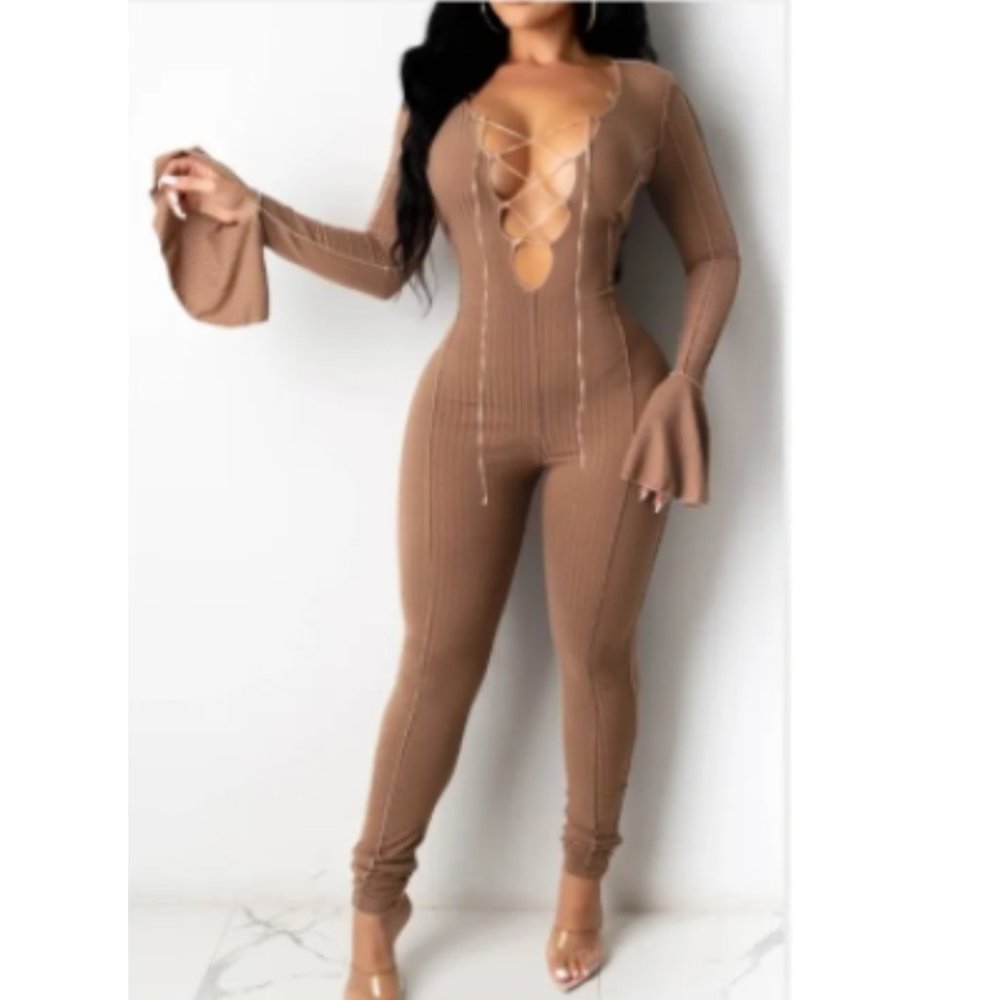 NWT Brown Long Sleeves Lace Up Neckline Bodycon Smorez Jumpsuit